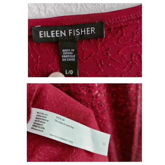 Eileen Fisher Large 100% Silk Red Sequin Tunic Elbow Sleeve Blouse Top Shirt - Picture 3 of 7